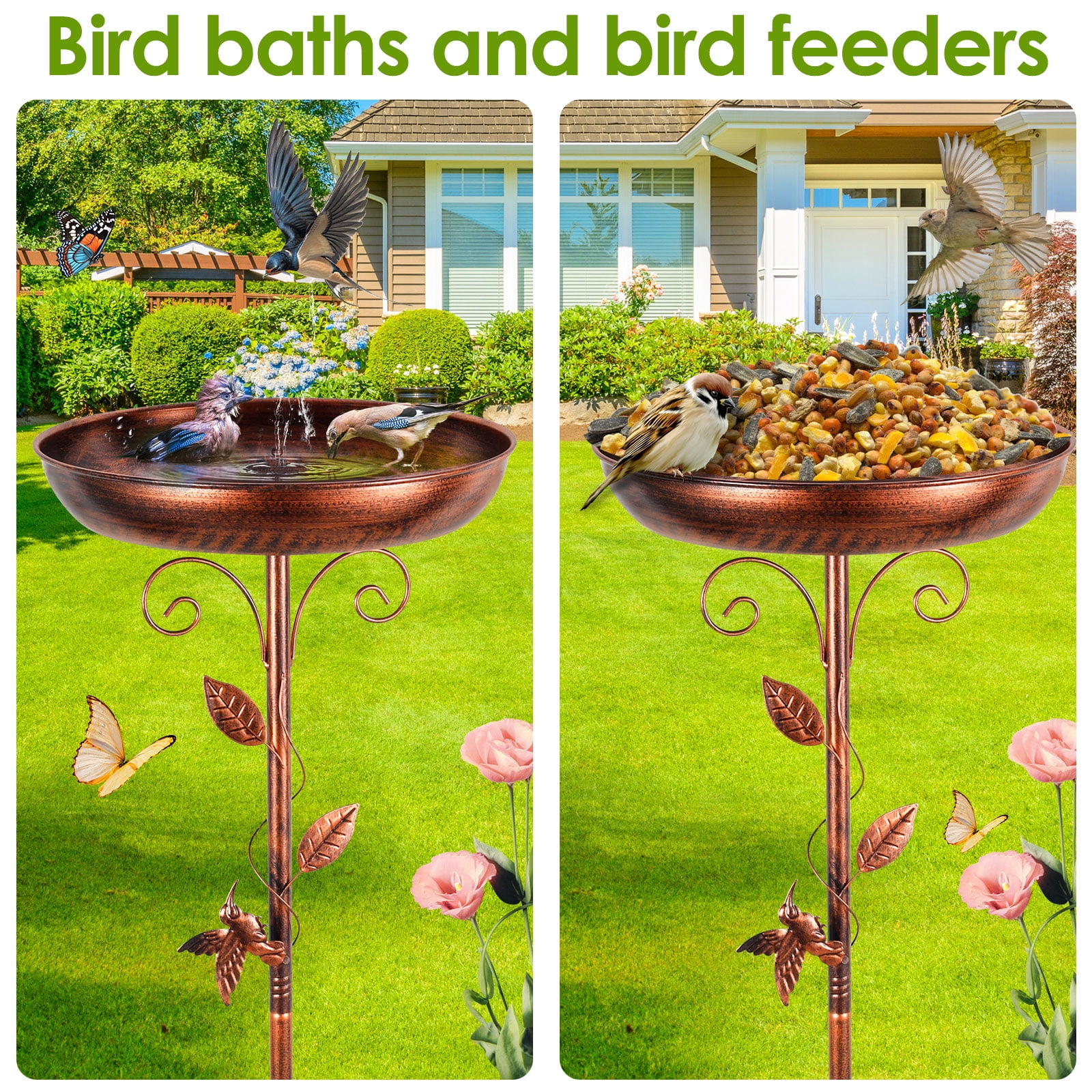 Xiyztok Bird Bath 39 Inches Sturdy Iron Garden Birdbath for Outside Vintage Standing Bird Bath Bowl for Outdoor Garden Patio Yard Lawn（Pipe diameter 0.63 inch）