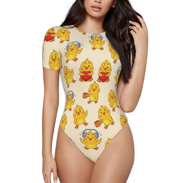 Balery Cute Chicken Body de cuello redondo de manga corta para mujer Tops de manga corta Tops básicos-Small
