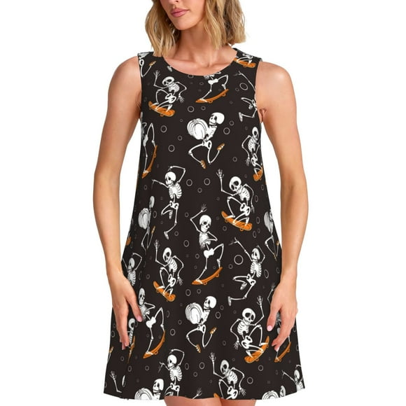 Fotbe Jumping Skull Vestido de Verano sin Mangas para Mujer – Vestido Midi Línea A, Estilo Camiseta Floral, Vestido Playero Casual y Fluido