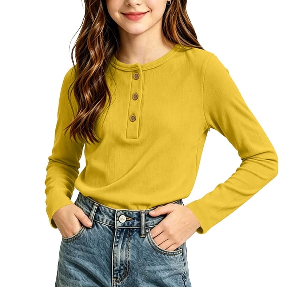 Ugoldhm Girls Waffle Knit Henley Long Sleeve Tops 3 Buttons Crew Neck Slim Fit Soft Casual Basic Tees