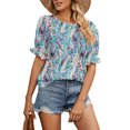 thumbnail image 1 of Blusa de manga con volantes estampada, cuello redondo, borde elástico, blusa informal para mujer, flor para citas, Verde XL, 1 of 6