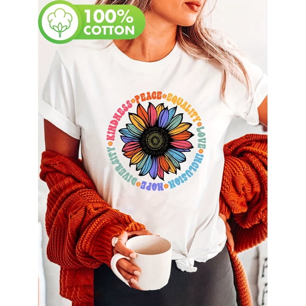Women's Inspirational Sunflower Print T-Shirt - 100% Cotton Short Sleeve Crew Neck Top with Kindness, Peace, Equality, Love, Hope, Diversity, Human Rights Graphic for All Seasons