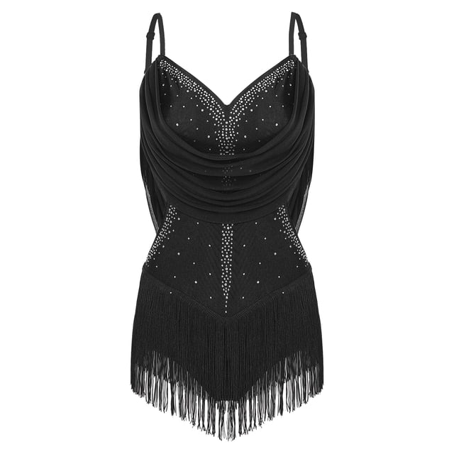 Yeahdor Robe de Cocktail Sans Manches pour Femmes Rumba Salsa Danse de Salon avec Franges Noir TG