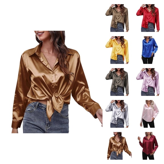 Long Sleeve Shirts for Women 2026 Spring Satin Button Lapel Collar Dressy Casual Office Work Blouse Womens Tops