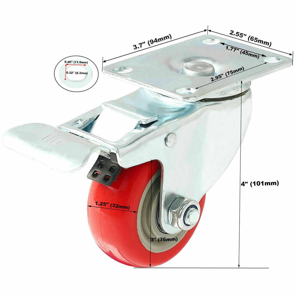 12 Pack 3 Inch Caster Wheels Swivel Plate On Red Polyurethane Wheels With Brake Household