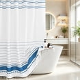 thumbnail image 5 of FRAMICS Striped Tassel Shower Curtain Sets with Bath Rug, Boho Farmhouse Thick Weighted Fabric Bathroom Sets with Hooks, Blue, 72" x 72", 5 of 10