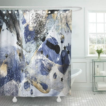 Blue And Gold Shower Curtain PKNMT Watercolor Brush Very Beautiful Abstract Blue Gold Paint Golden Sequins Artistic Bathroom Shower Curtain 66x72 inch ()