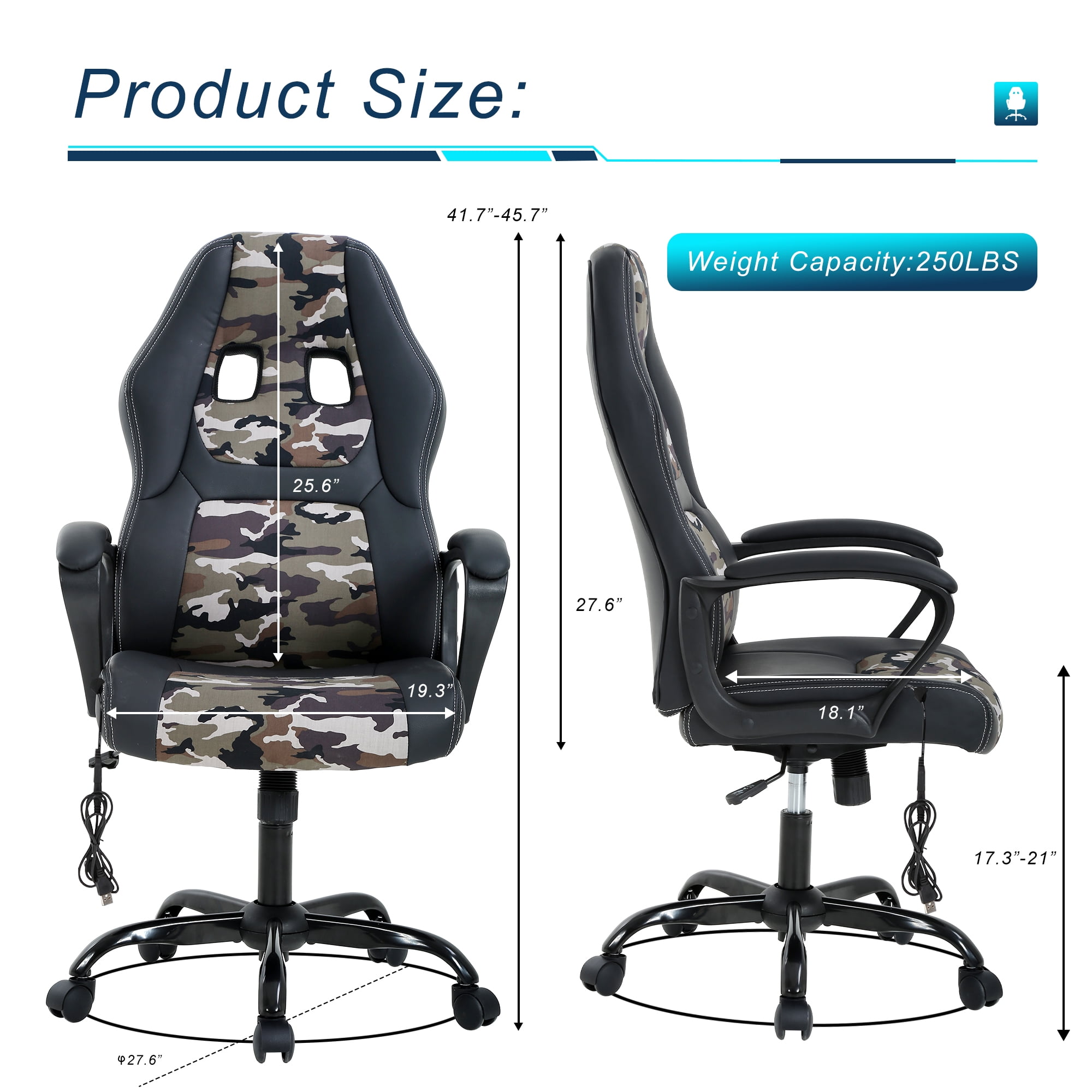 YRLLENSDAN Massage Gaming Chair Video Game for Adults, PU Leather Computer Chair with Arms & Massaging Back Ergonomic High-Back Video Game Chair for Men Women, Camo