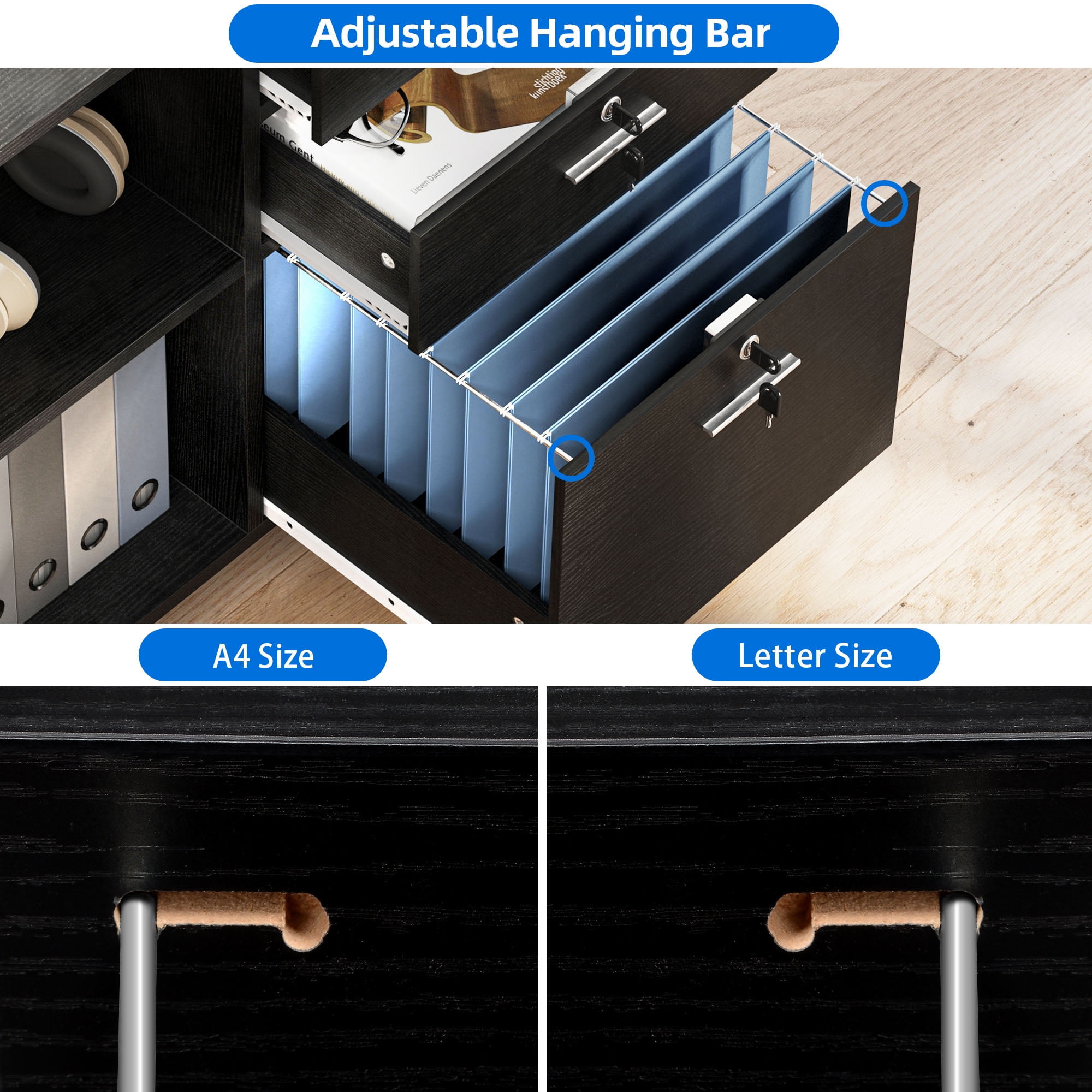 DEXTRUS 3 Drawer Lateral File Cabinet, Printer Stand with Drawers, File Cabinet Fits A4 Letter Legal Size Folders, Black