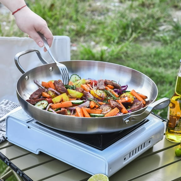 14 Inch Tri-Ply Stainless Steel Paella Pan with Lid