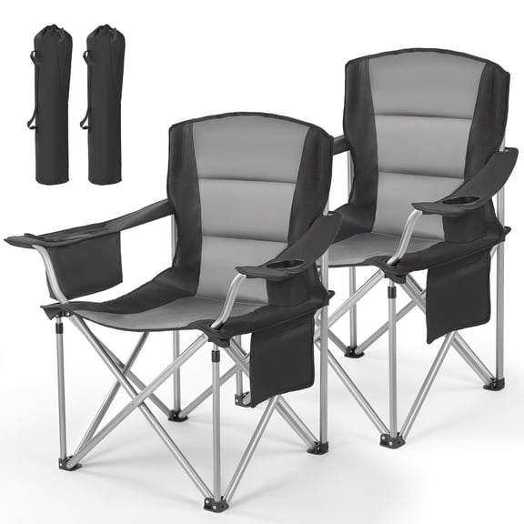 KFFKFF Oversized Camping Chairs, 450 lbs Weight Capacity, Foldable Outdoor Chairs with Cushioned Backrest & Armrests, Beverage Holder, Storage Pocket, Insulated Cooler, and Carry Bags, Set of 2