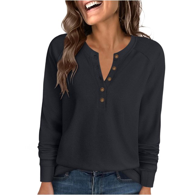 Dagegui Womens Henley Sweatshirts Waffle V-Neck Buttons Pullover Tops Solid Color Long Sleeve Tunic Shirts Gray L