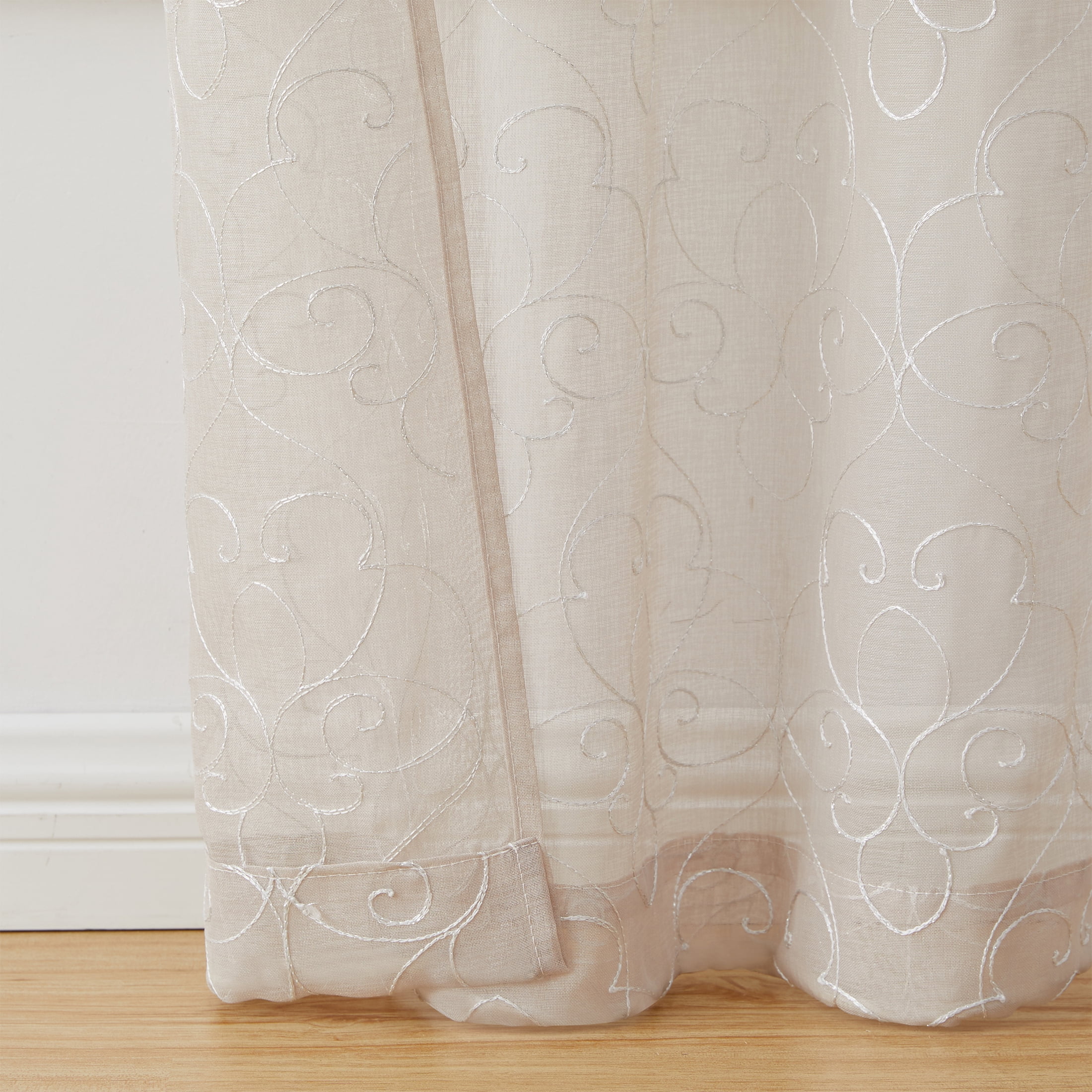 Mainstays Modern Scroll Rod Pocket Sheer Curtains, Set of 4, Beige, 28" W x 63" L