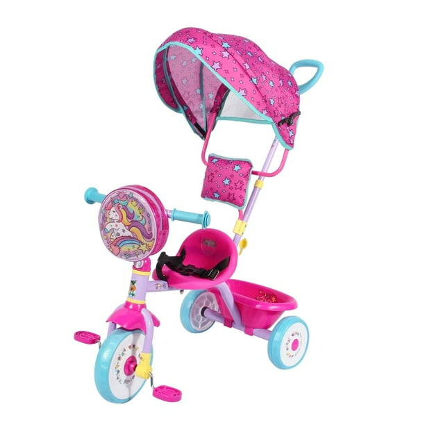 Triciclo Apache Trixie con barra de empuje y toldo retráctil