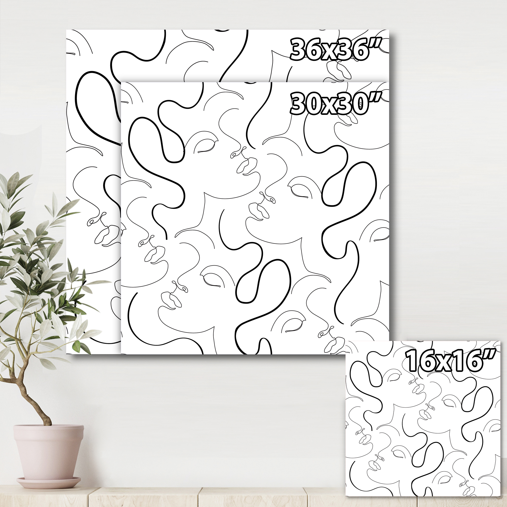 Designart ' Black and White One Line Drawing Portraits ' Modern Canvas Wall Art Print
