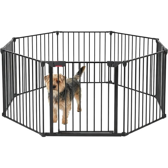 8-Panel Folding Metal Dog Gate 201.6 In Freestanding Pet Gate with Walk-Through Door Black