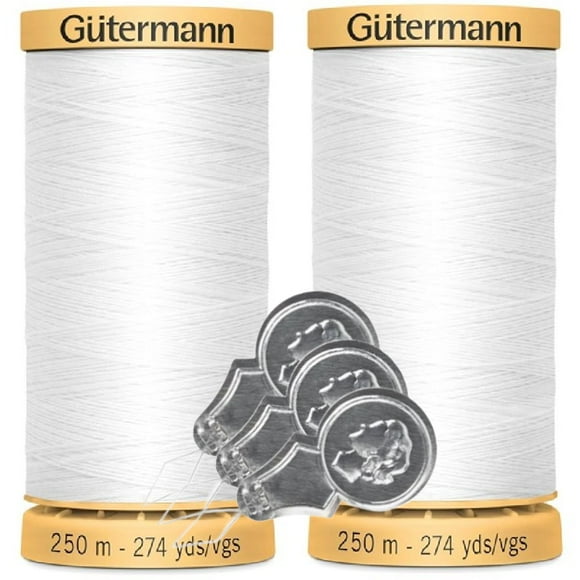 Thread Gutermann, algodón natural, 50 puntos, 250 m, paquete de 2 unidades con enhebradores de agujas