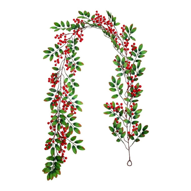 Decoración navideña artificial de flores de Pascua con frutos rojos, arreglos navideños con bayas rojas colgantes retorcidas, hiedra artificial navideña.