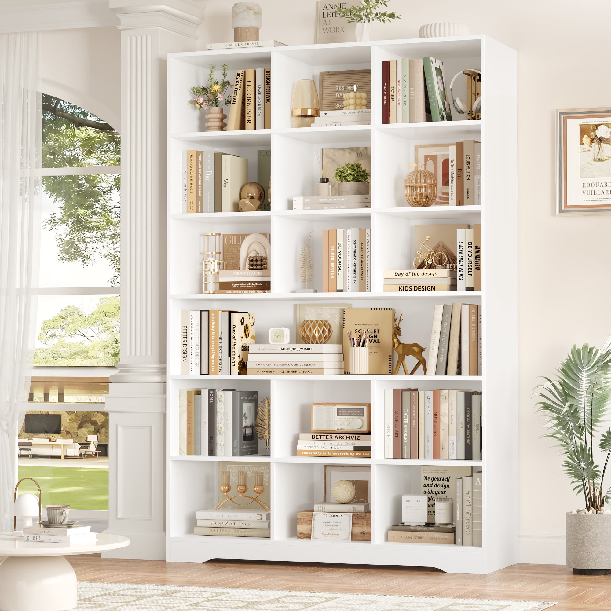 Hiphuta 76"H x 47"W Wood 6-Tier Standard Bookcase, Tall Bookcase for Bedroom, Freestanding 18 Cubes Display Storage Shelves, Living Room and Office, White