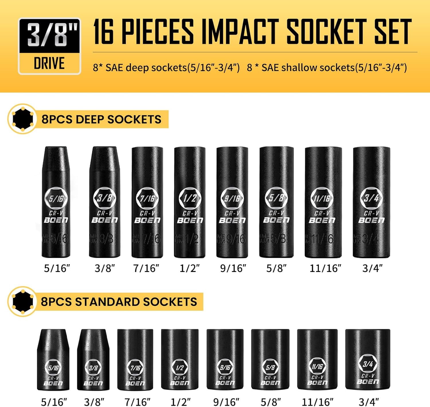 3/8" Drive Impact Socket Set, 57-Piece Standard SAE (5/16 to 3/4 inch) and Metric (8-22mm), Include Ratchet Handle, Extension Bar, Universal Joint, Adapter, and Additional 5 10mm Sockets