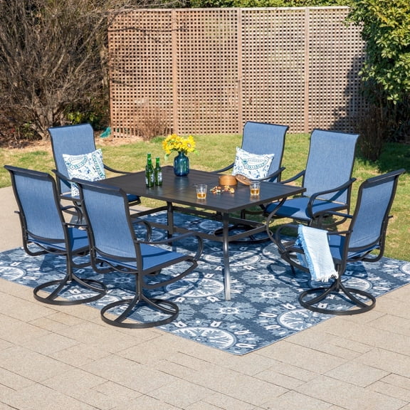SUMMIT LIVING 7 Pieces Outdoor Patio Dining Set, Rectangle Patio Table and Swivel Textilene Chairs for 6, Black and Blue
