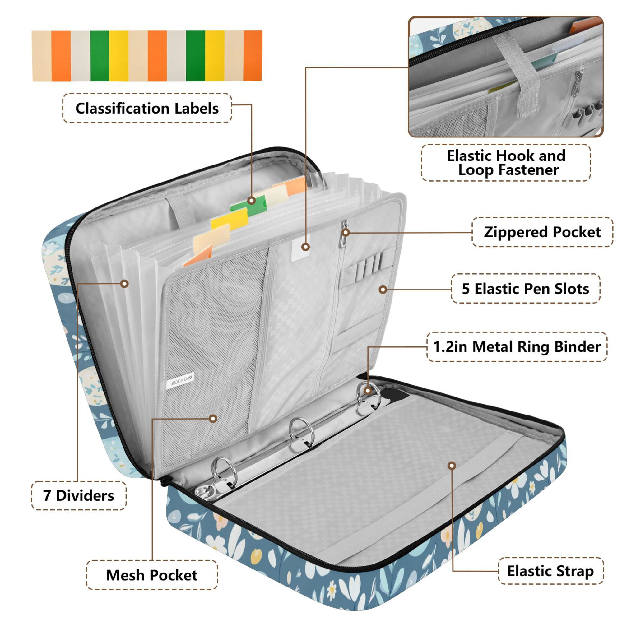 FORMRS Accordion File Folder A4 Size 7-Pocket Expanding Document Organizer Bag with 3 Ring Binder, Easter Eggs