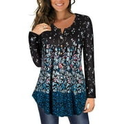 PIERRE NOIR Women's Plus Size V Neck Henley Shirts Casual Floral Blouses Long Sleeve Pleated Flare Tunic Tops