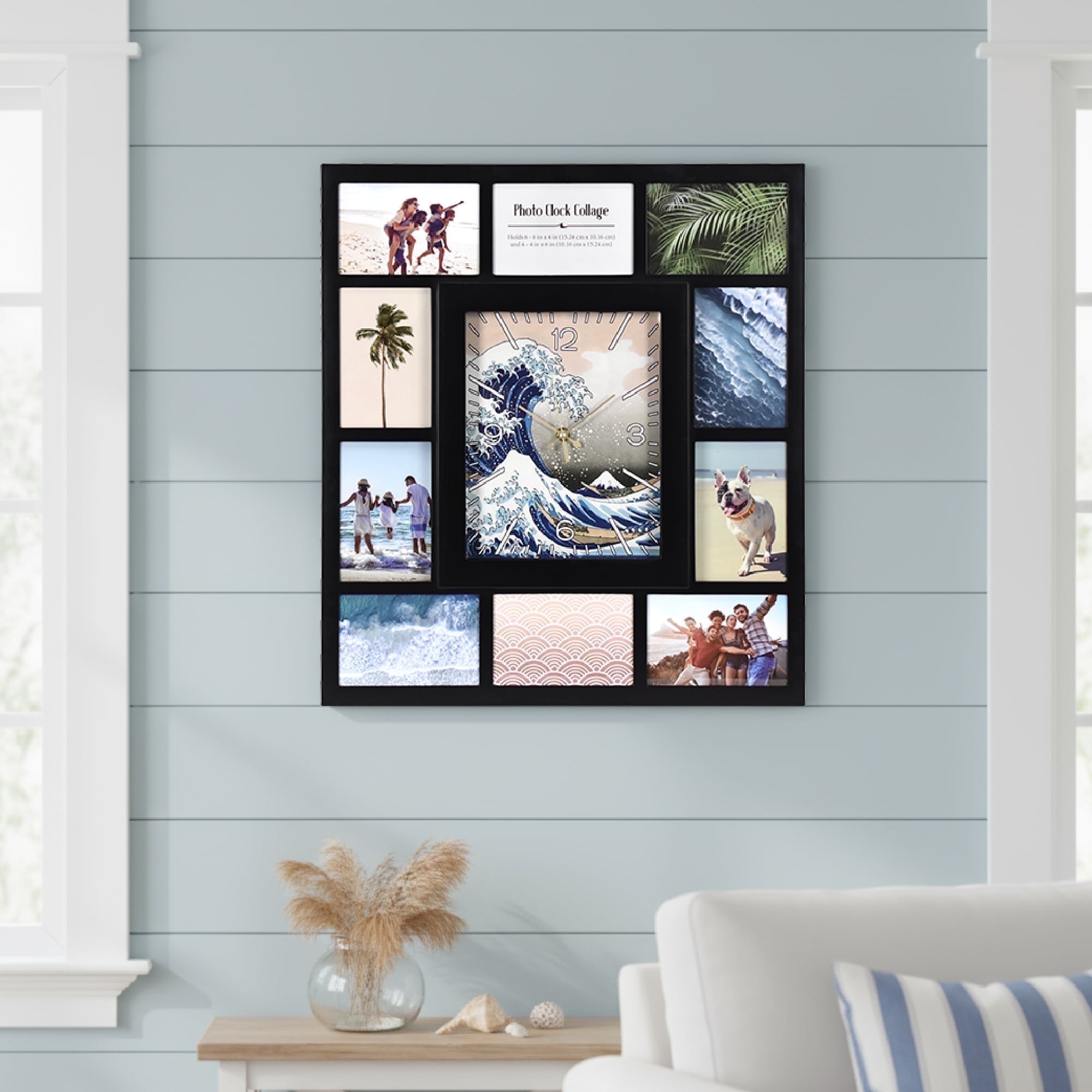 Great Wave Black Picture Frame Photo Collage Wall Clock - 10 Slots, Family Decor for Living Room Entryway Hallway Bedroom 19.25x21.5"
