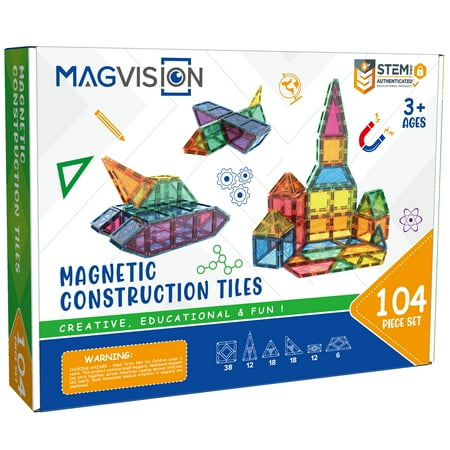 MagVision 104-Piece Magnetic Building Tiles Set, STEM Education Construction Set, Extra Strong and Safe Magnets, Educational Toys for Children Ages 3+ Years