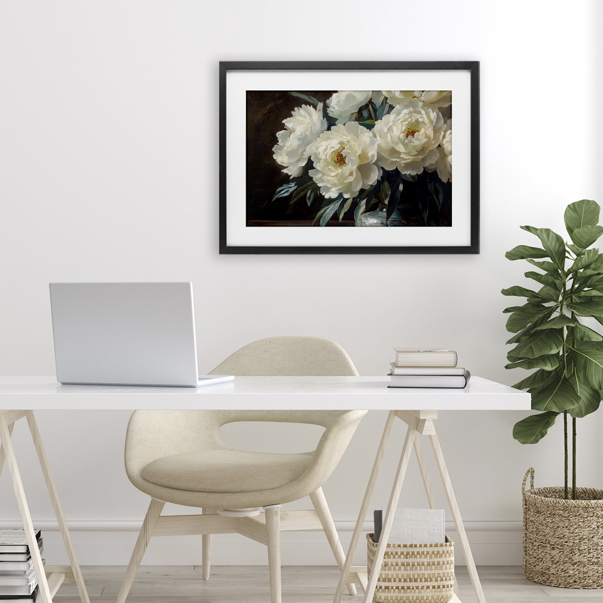 Stupell Industries Large Moody White Floral Black Framed Print Under Glass, design by Petal Prints Design