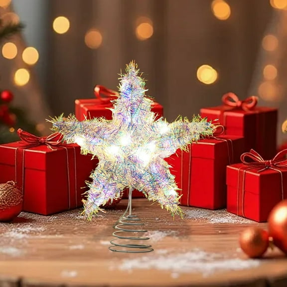 XINGXIANG 7.8" Christmas Tree Topper Star Light, Battery Operated LED Star Decoration with Spring Base for Christmas Tree Top, Indoor Outdoor Festive Decor