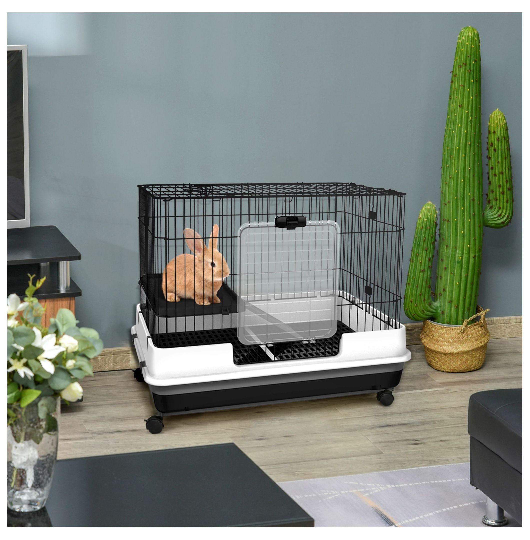 Small Animal Cage 2-Level Rabbit Hutch with Wheels Removable Tray Black for Bunny Chinchillas