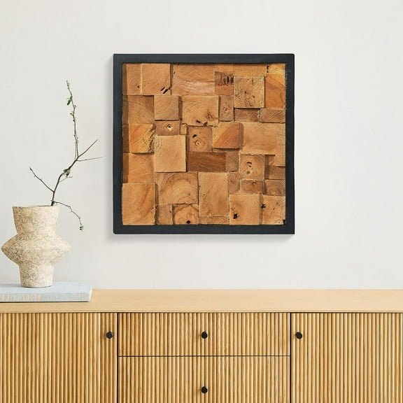 Warmaxx Rustic Teak Wood Framed Wall Decor 17''x17 Farmhouse Geometric Block Wall Art Decoration Home Living Room Bedroom Office Handmade Square Wooden Slatted Collage Aesthetic Wall Décor