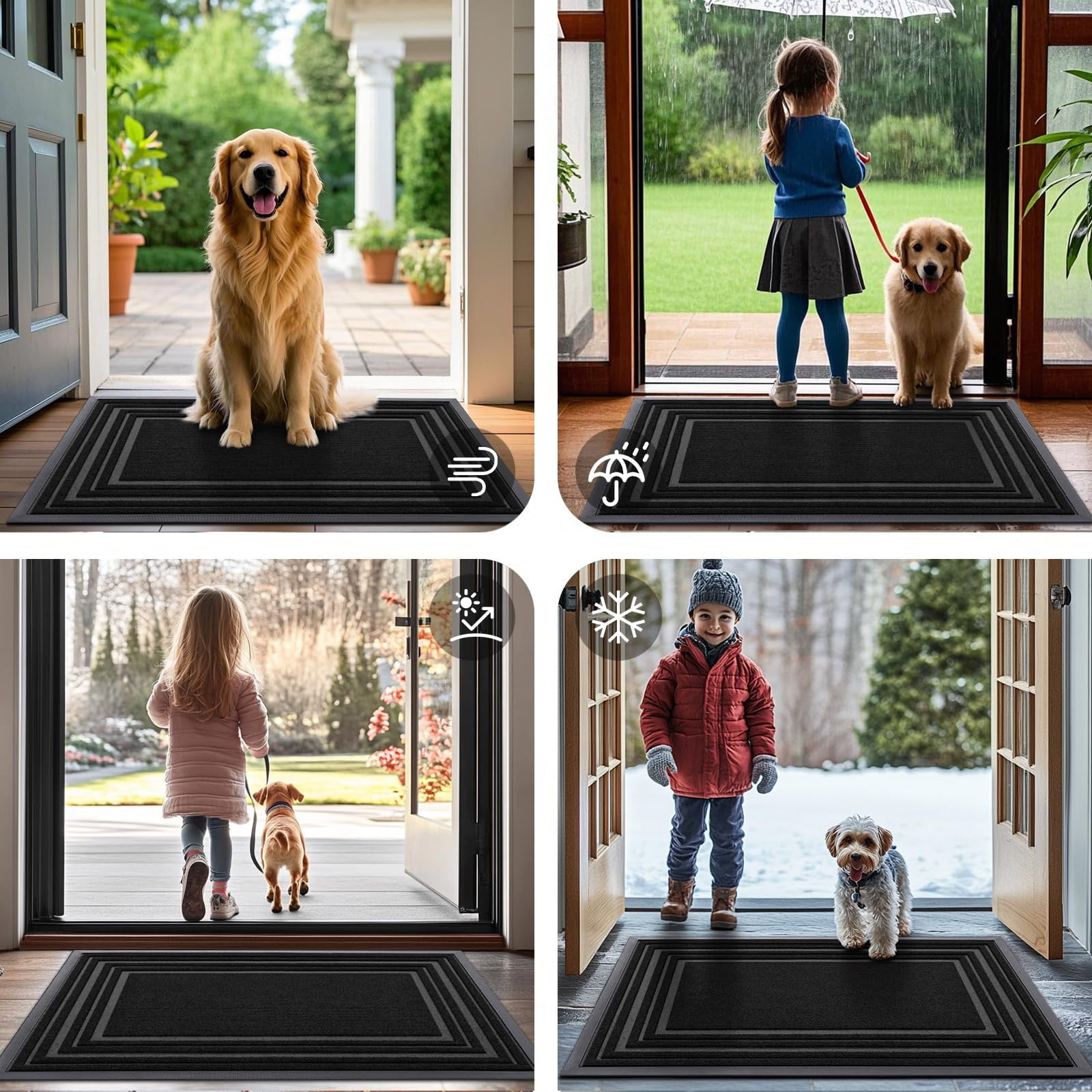 Buganda Heavy Duty Door Mats, Non Slip Waterproof Rubber Doormats for Outdoor and Indoor, Low Profile Dirt Trapper Entry Rugs, 29"x17", Black