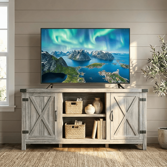 Homall Farmhouse TV Stand for 65 Inch TVs, Gray Wash Wood Entertainment Center with Storage Cabinet & Cable Management