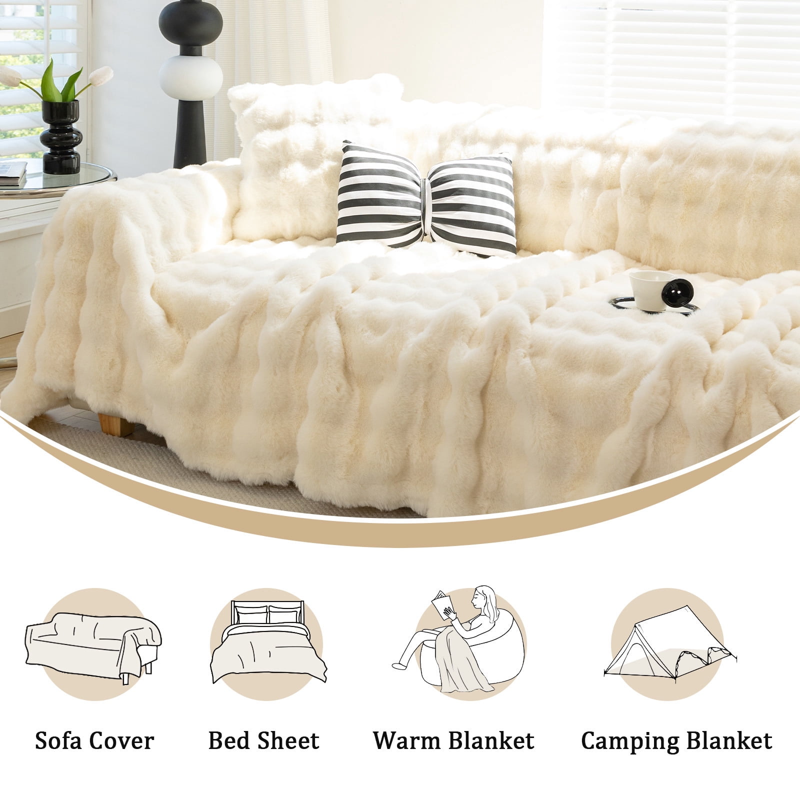 WOOW DEPOT Warm Faux Rabbit Fur Sofa Cover Machine Washable, Thick Throw Blanket L Shape Slipcover for 3 Cushion Couch, Beige Cream 71"x134"
