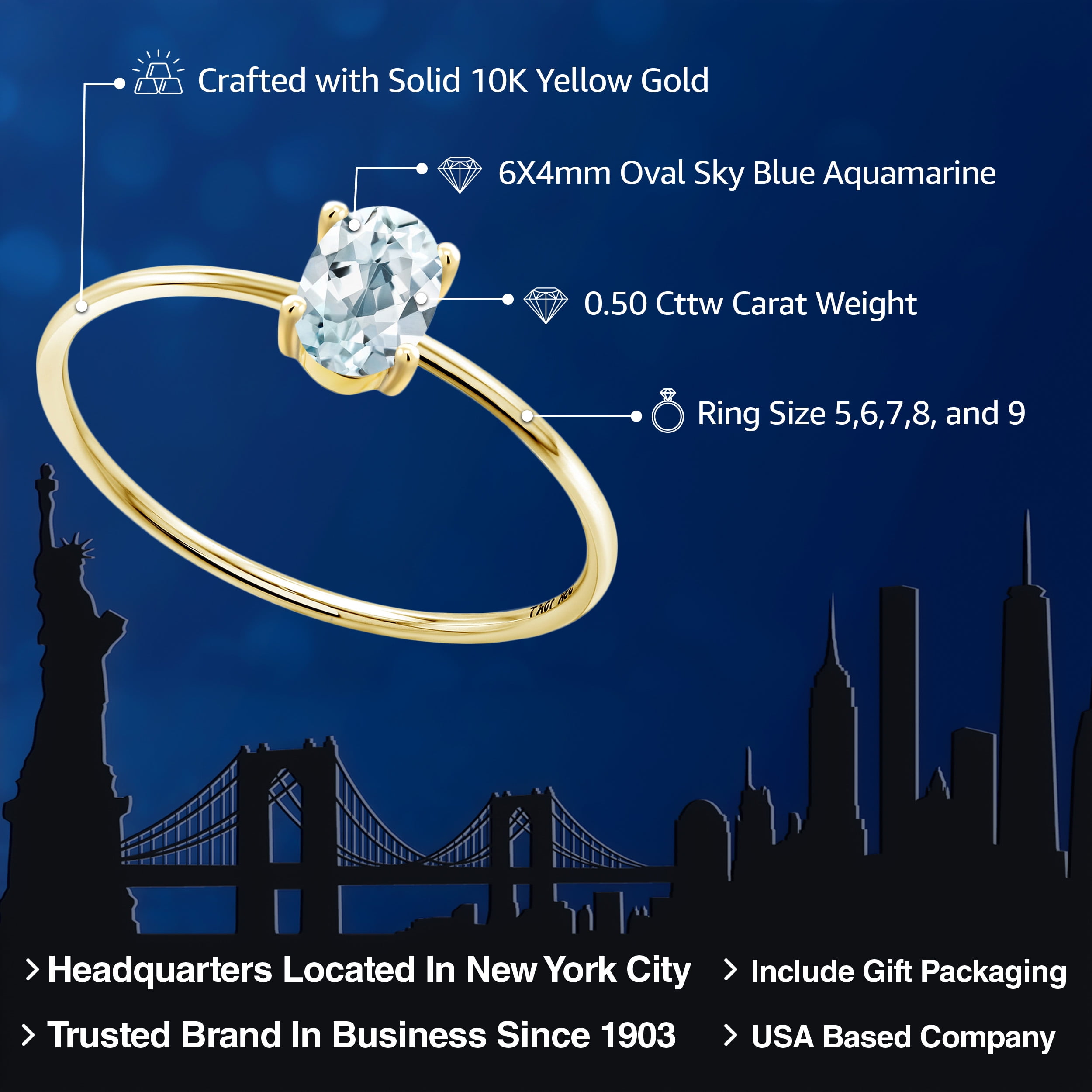 Gem Stone King 10K Yellow Gold Sky Blue Aquamarine Engagement Ring for Women (0.50 Cttw, Oval 6X4MM, Gemstone Birthstone)