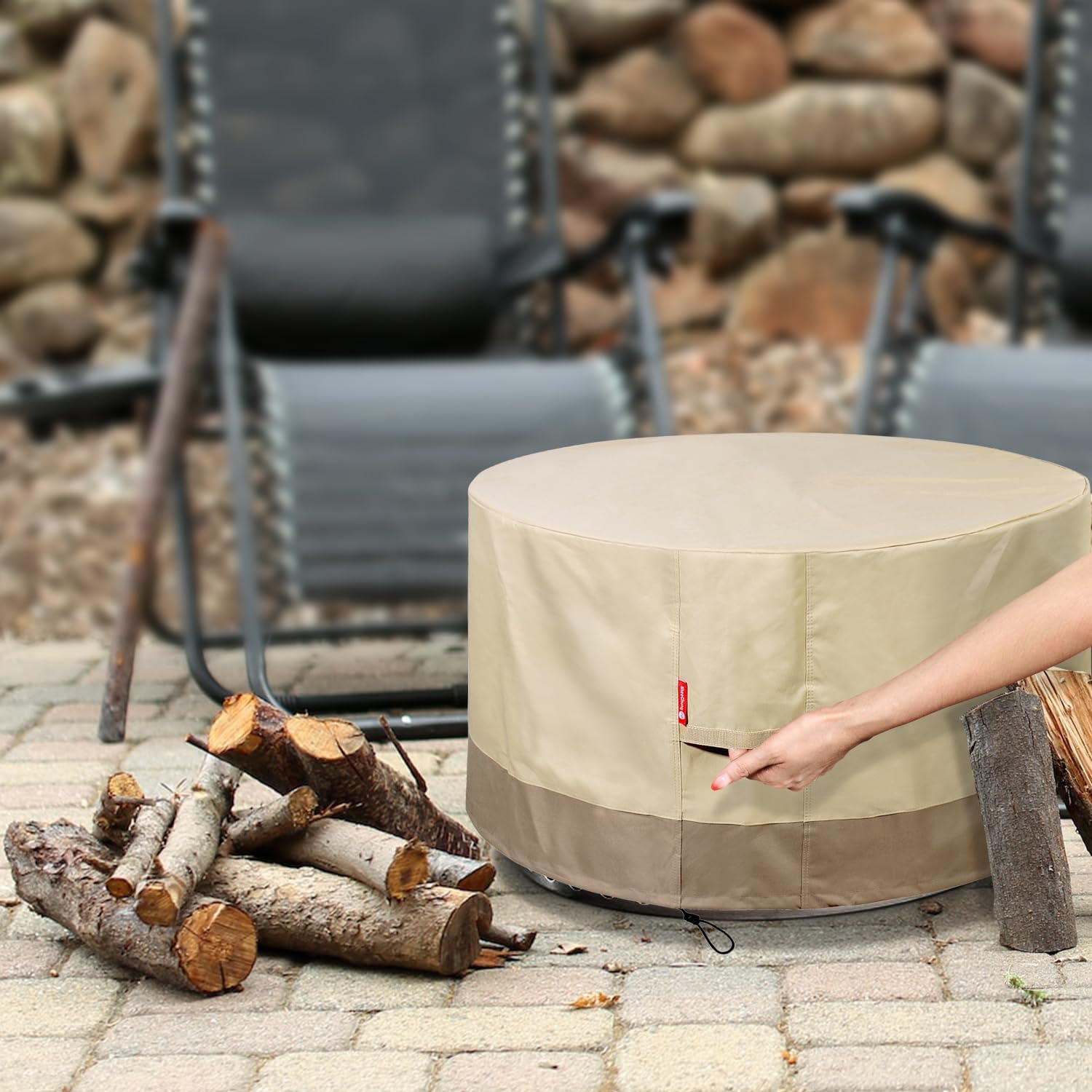 Fire Pit Cover Round 44" D x 24" H Waterproof 600D Heavy Duty Patio Gas Fire Pit Cover,Large Shelter Fits 40-44 Inch Outdoor Firepit Table Beige