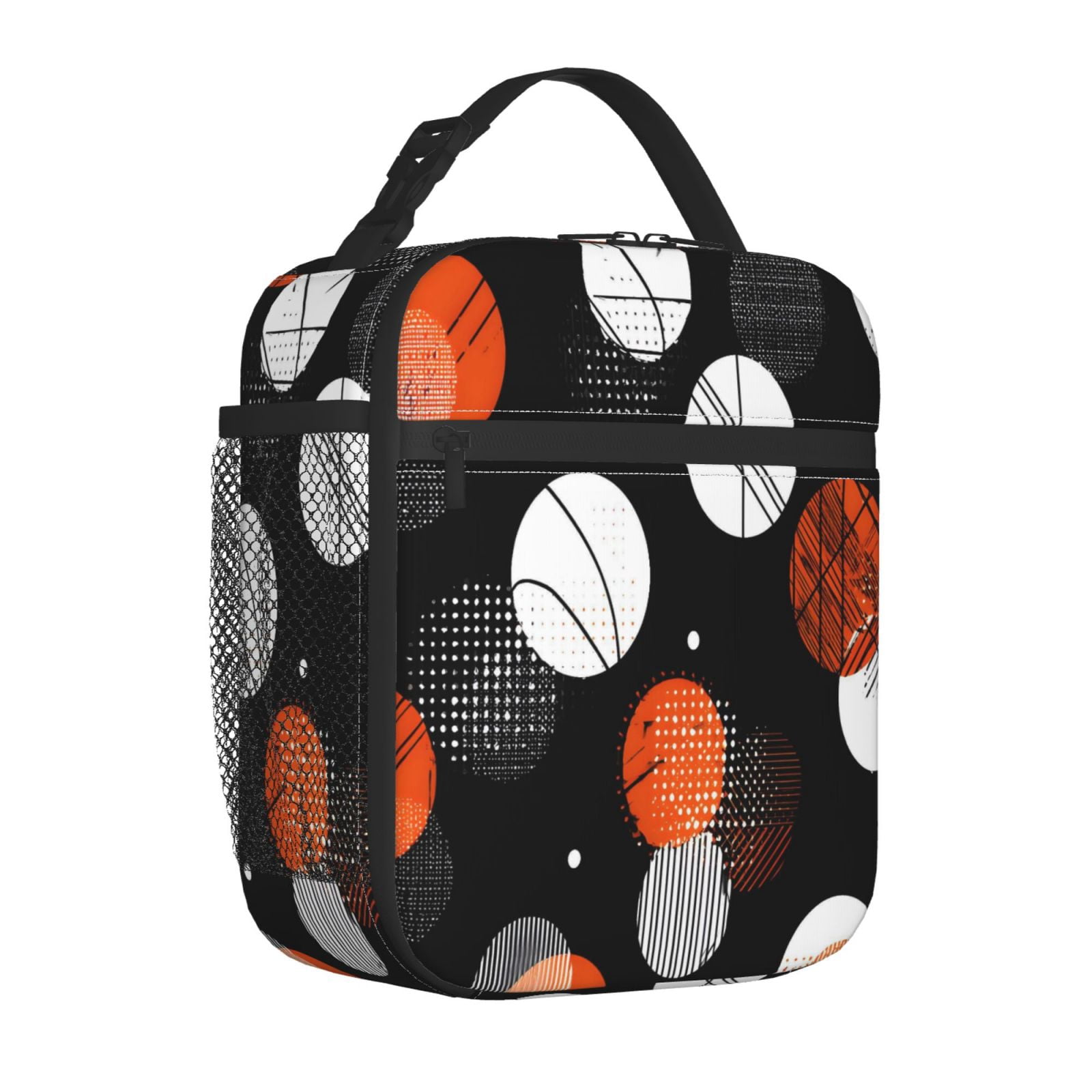 Lunch Bag For Women Men Insulated Portable Lunch Box Bento Box Office Picnic Travel Cooler Bag Black And Orange Basketball Theme