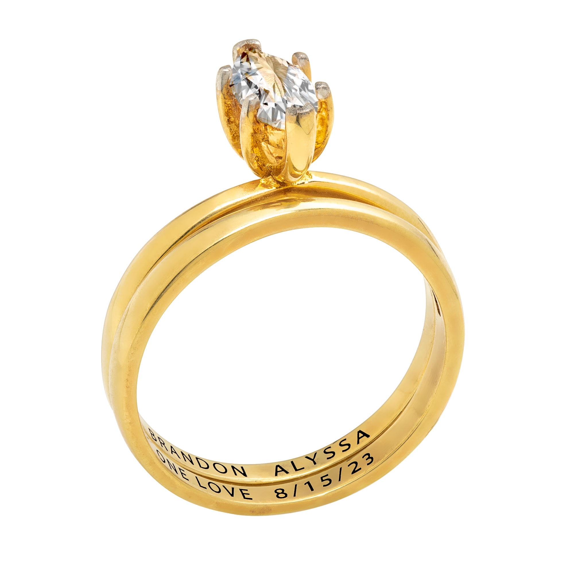Vow & Forever Personalized Planet Bridal 14K Gold over Sterling Silver Marquise White Topaz 2-Piece Engraved Wedding Ring Set ,Women's