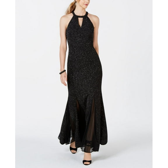 Nightway Glitter-Knit Teardrop Gown, Black/silver Size 14