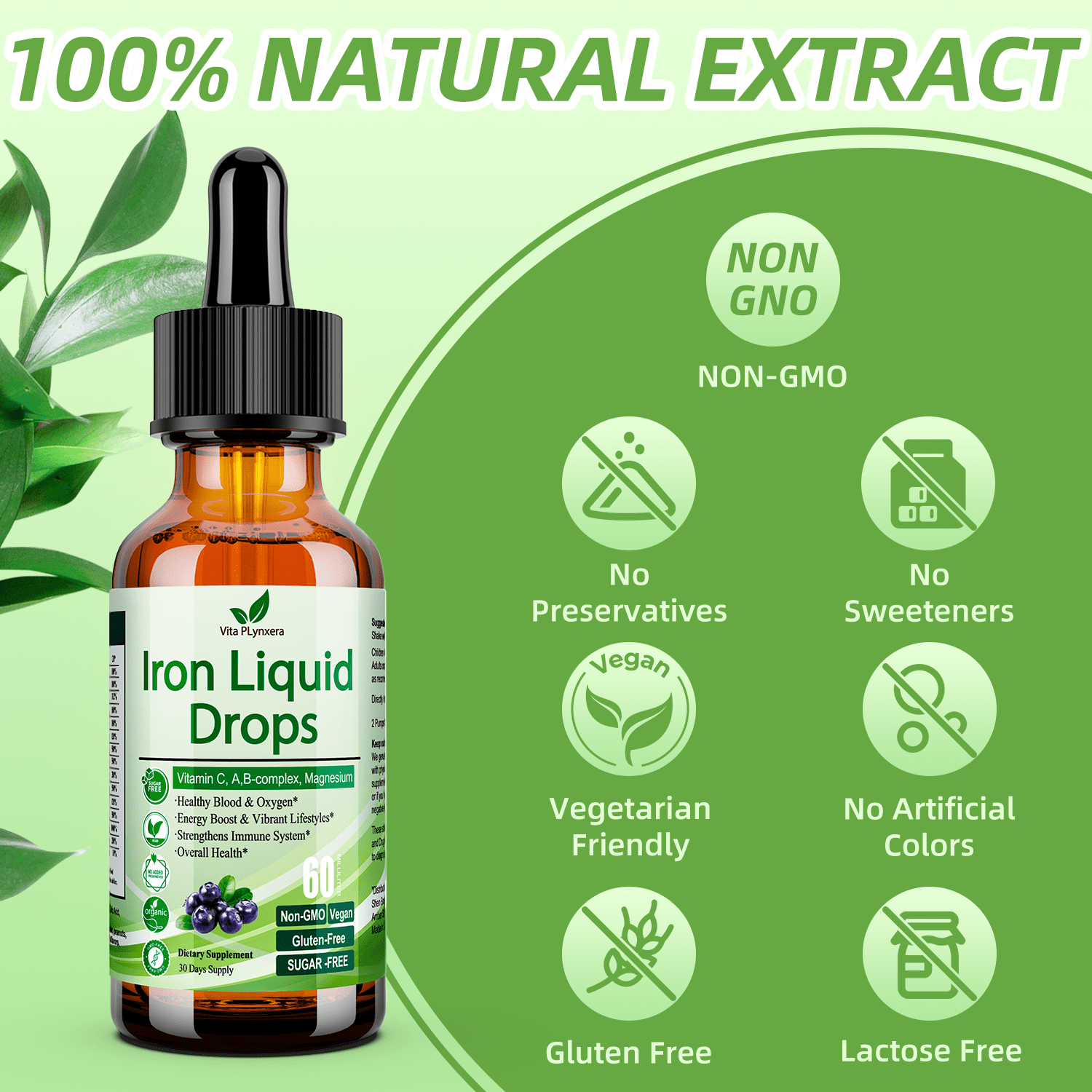 2 Pack Liquid Iron Supplement for Women Men & Kids, Vegan Iron Drops with Vitamin C D, B12, B-Complex, High Potency Liquid  with Multivitamin for Anemia, Energy Support, Magnesium  Gentle