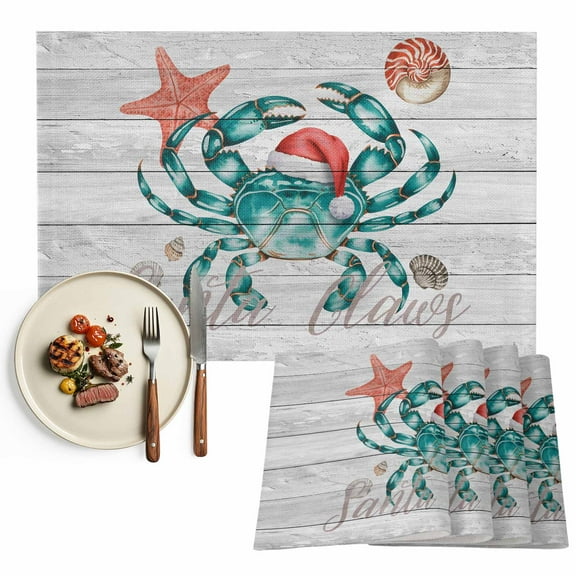 Crab Coastal Christmas Placemats Set of 2, Teal Green Red Starfish Table Mats Washable Heat-Insulation Non-Slip Place Mats for Kitchen Dinner Table Indoor Outdoor Decor,13x19 Inch