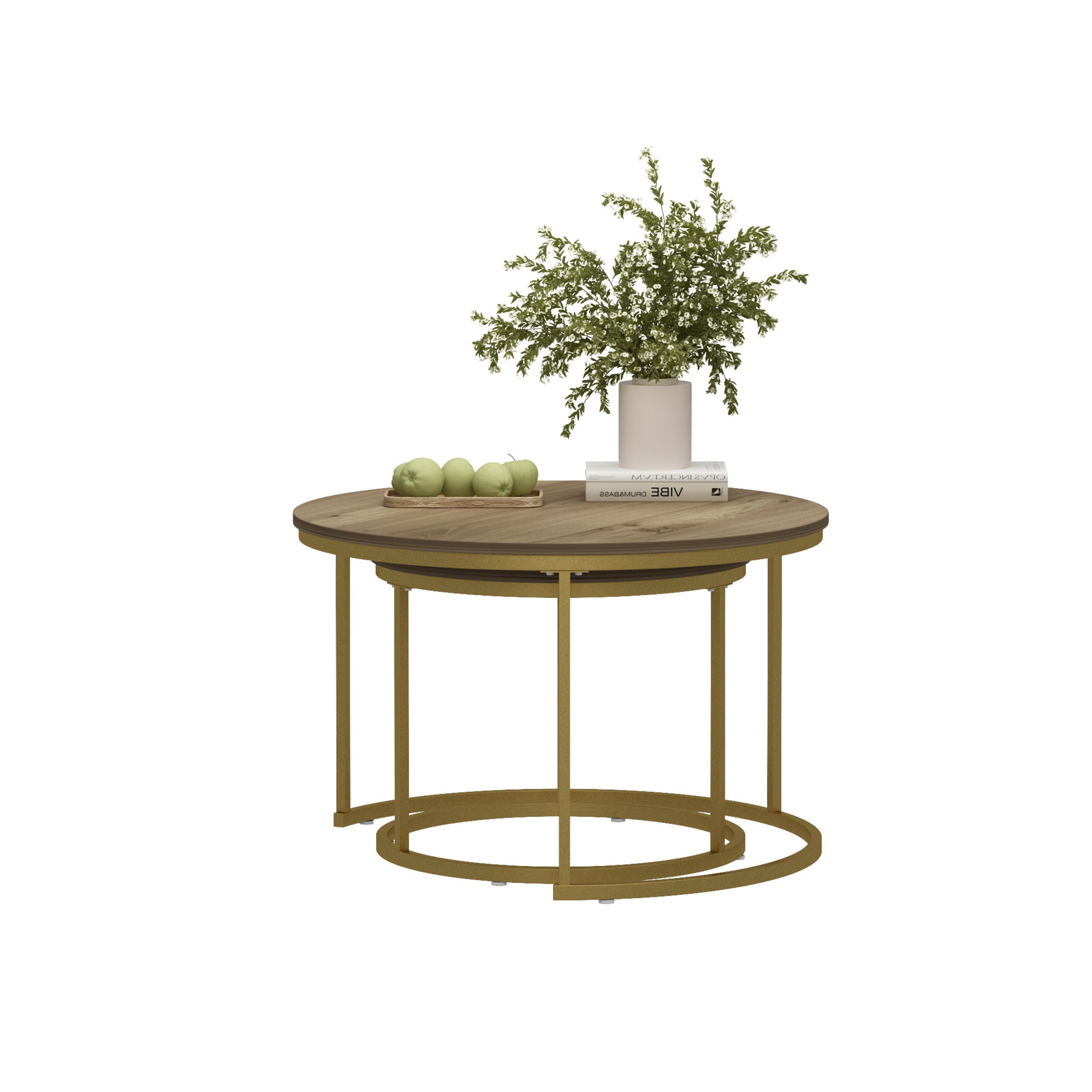 Noble House 27.6" Round Nesting Coffee Table with Grain Top, Wooden Side End Tables for Living Room, Brown, Set of 2