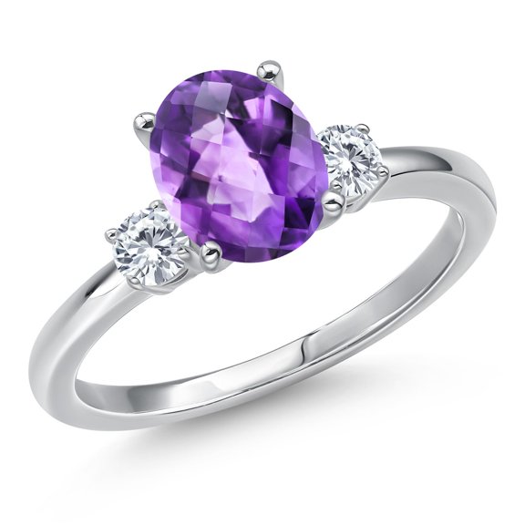 Gem Stone King 14K White Gold Purple Amethyst and Moissanite Engagement Ring for Women | 1.70 Cttw | Oval Checkerboard 9X7MM | Gemstone February Birthstone | Size 5