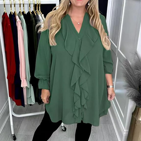 BSDJILFG Long Sleeve Shirts for Women Chiffon Blouse Dressy Casual Button Down Ruffle V-Neck Pullover Blouse