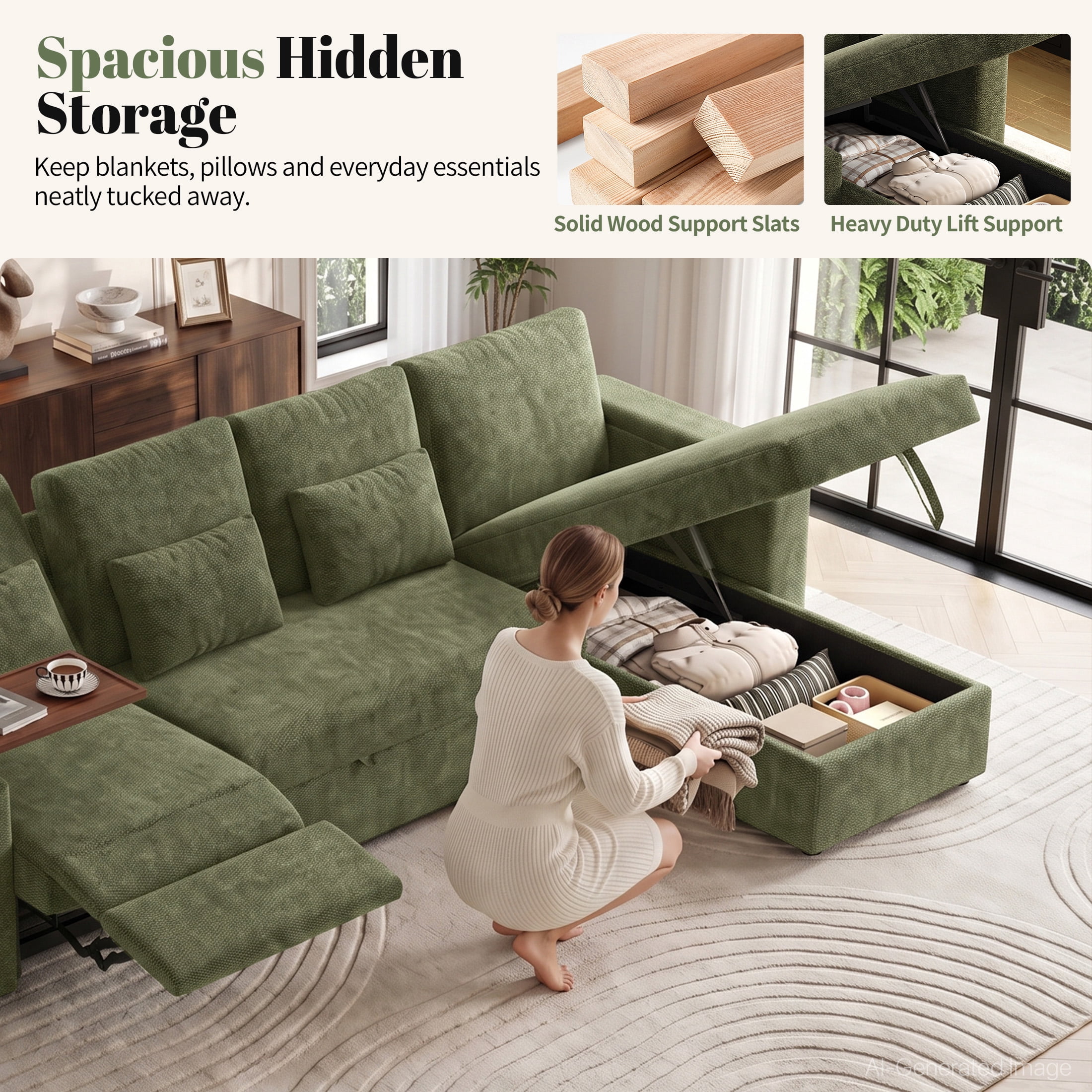 Aenkyo 108" L-Shaped Sectional Sleeper Sofa with Pull Out Bed, Recliner and Storage Chaise, Green