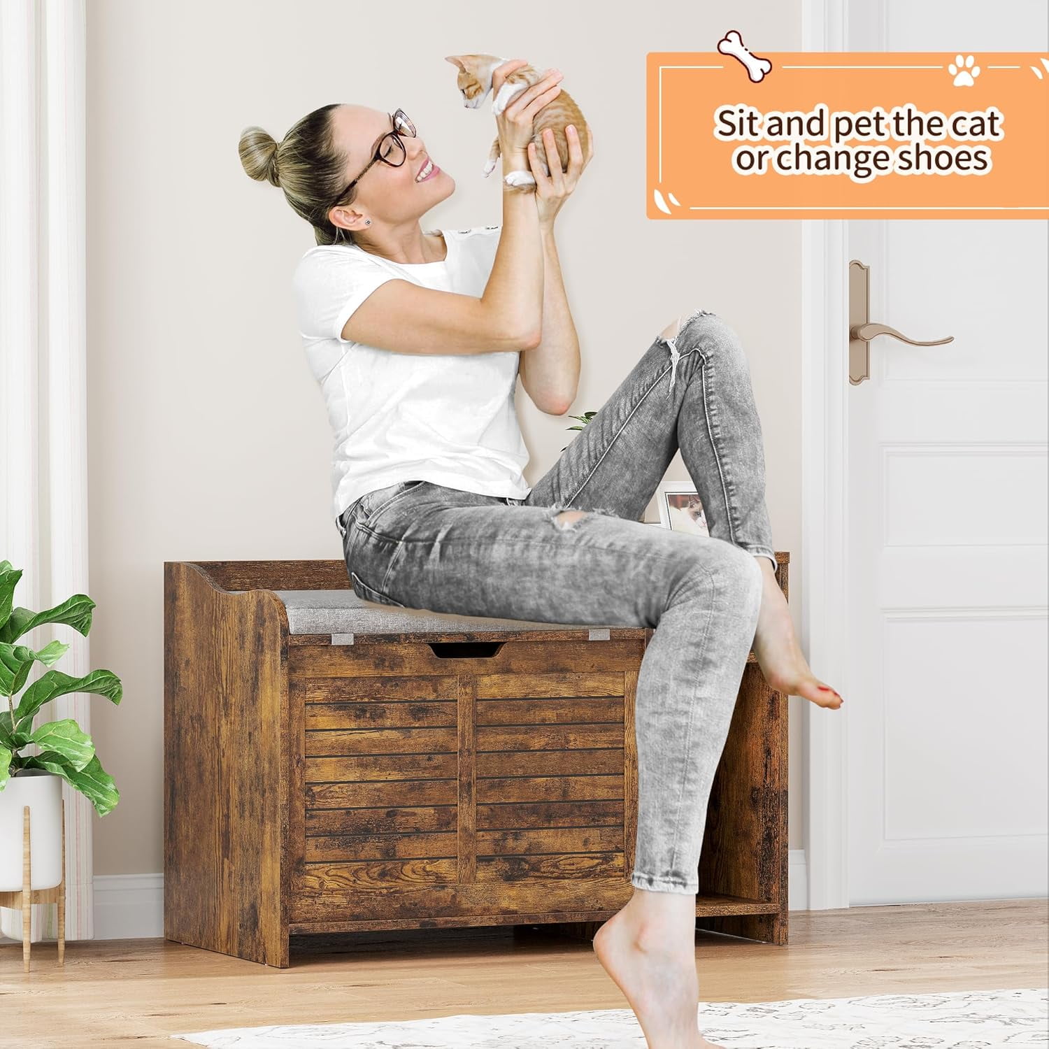 Hidden Cat Litter Box Furniture, Flip-Top Entryway Bench with Storage & Ventilation