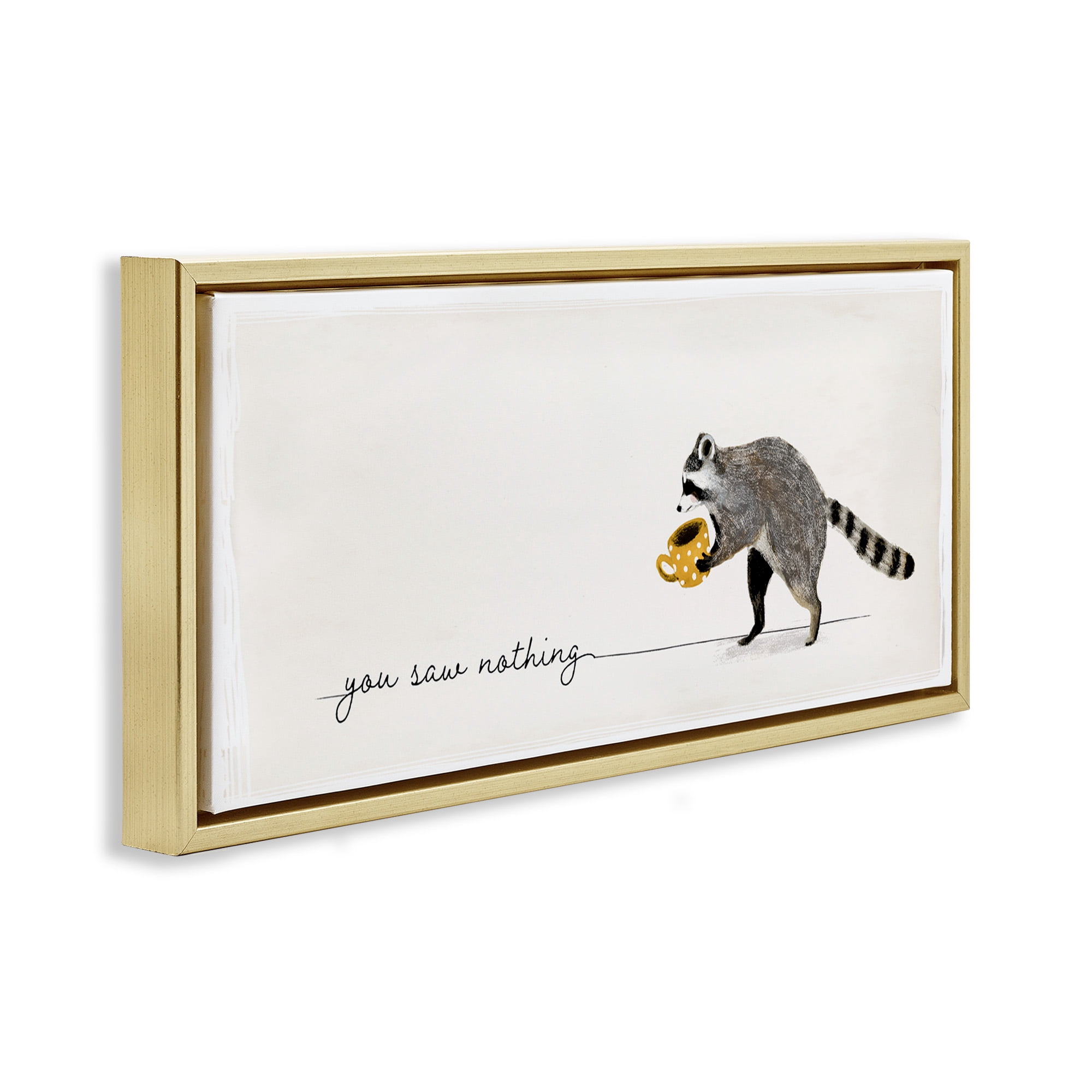 Stupell Industries You Saw Nothing Raccoon & Coffee Animals & Insects Painting Gold Floater Framed Canvas Art Print Wall Art, 25 x 11