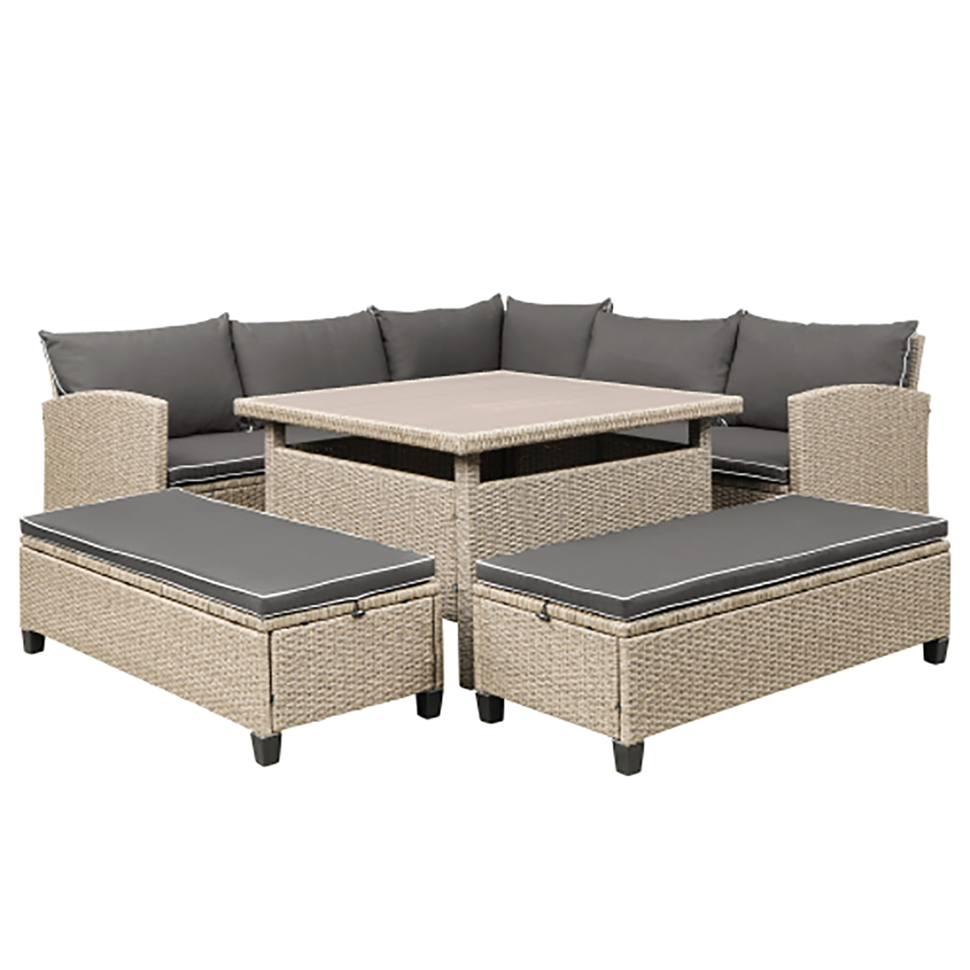 Kadyn 6 Piece Outdoor Patio Furniture Set, Sofa Sectional with Table and Chairs, All Weather Wicker Conversation Set, Gray